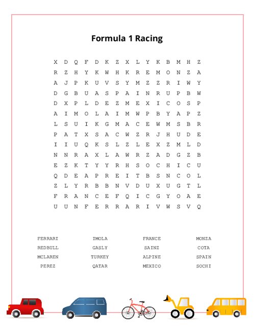 Formula 1 Racing Word Search Puzzle