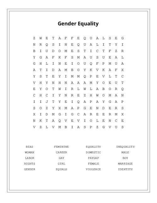 Gender Equality Word Search Puzzle