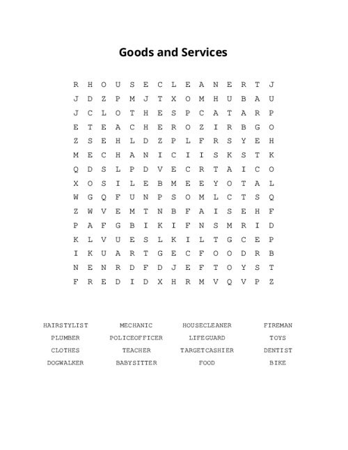Goods and Services Word Search Puzzle