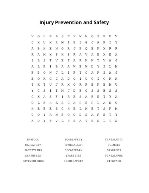 Injury Prevention and Safety Word Search Puzzle