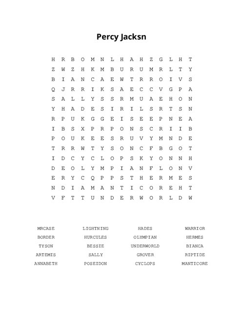 Percy Jacksn Word Search Puzzle