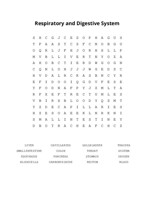 Respiratory and Digestive System Word Search Puzzle