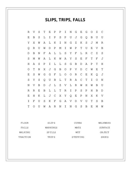 SLIPS, TRIPS, FALLS Word Search Puzzle