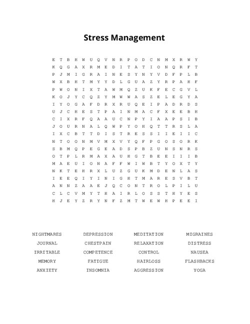 Stress Management Word Search Puzzle