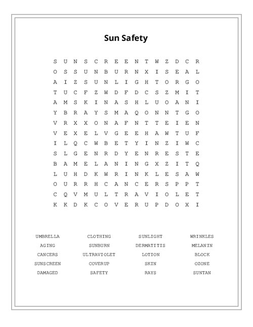 Sun Safety Word Search Puzzle