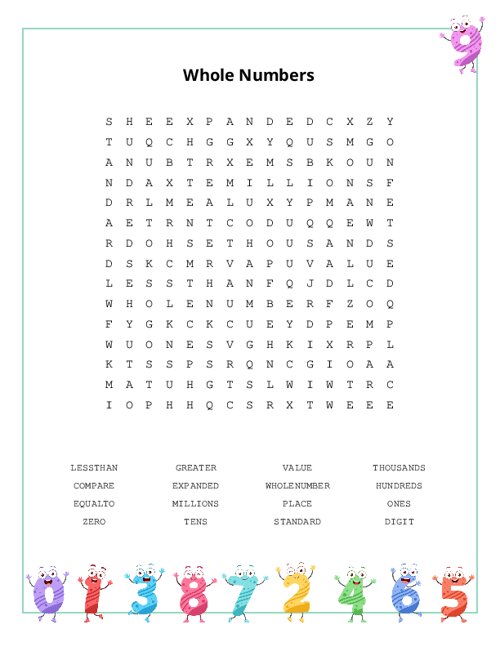 Whole Numbers Word Search Puzzle