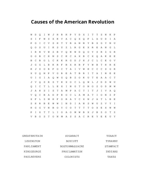 Causes of the American Revolution Word Search Puzzle