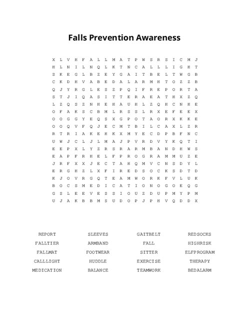 Falls Prevention Awareness Word Search Puzzle