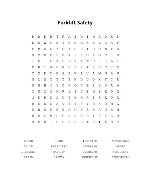 Forklift Safety Word Search Puzzle