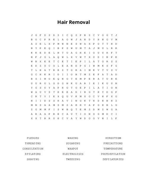 Hair Removal Word Search Puzzle