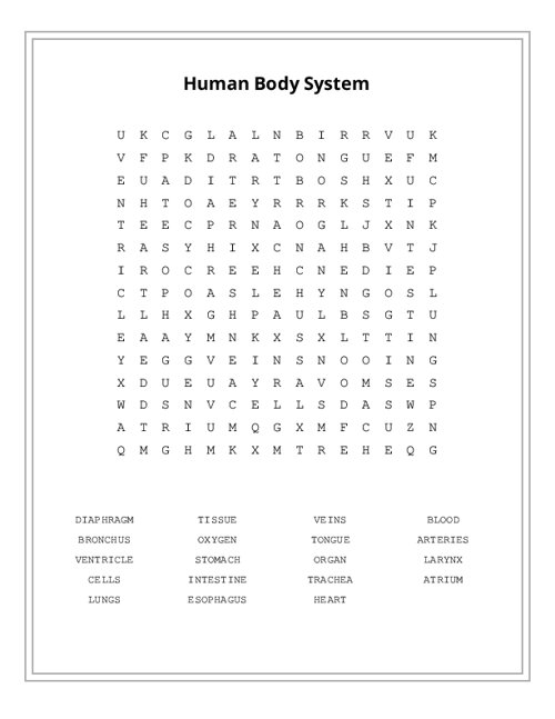 Human Body System Word Search Puzzle