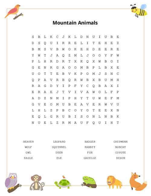 Mountain Animals Word Search Puzzle