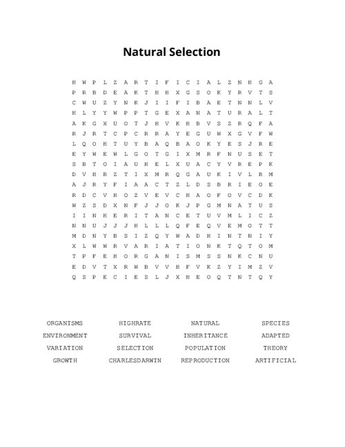 Natural Selection Word Search Puzzle