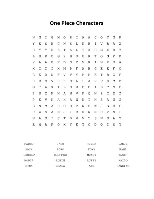 One Piece Characters Word Search Puzzle