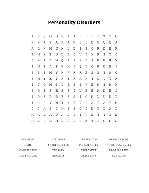 Personality Disorders Word Search Puzzle