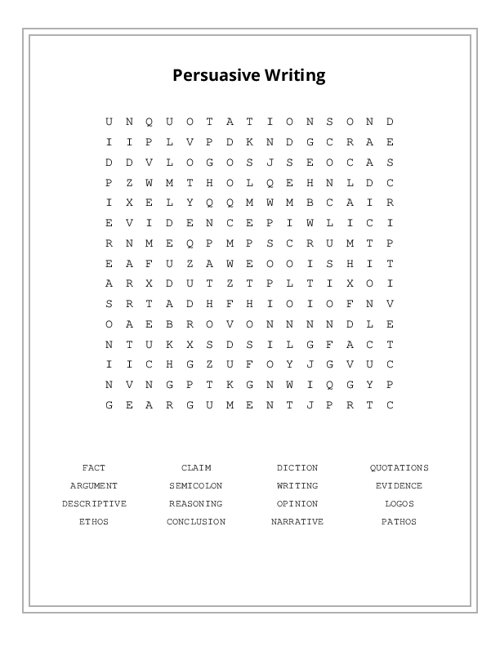 Persuasive Writing Word Search Puzzle
