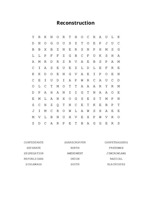 Reconstruction Word Search Puzzle