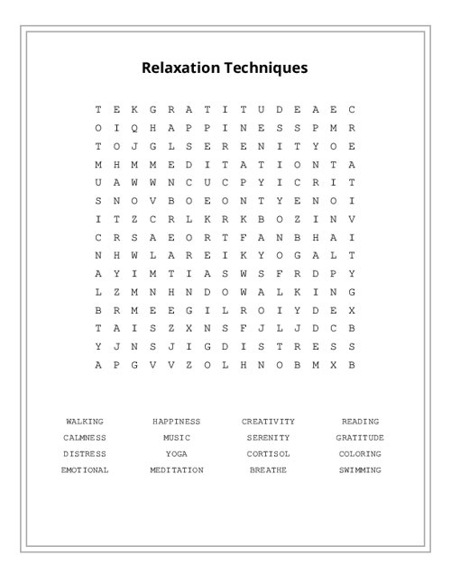 Relaxation Techniques Word Search Puzzle
