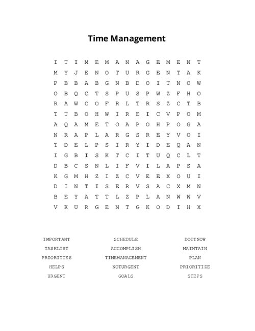 Time Management Word Search Puzzle