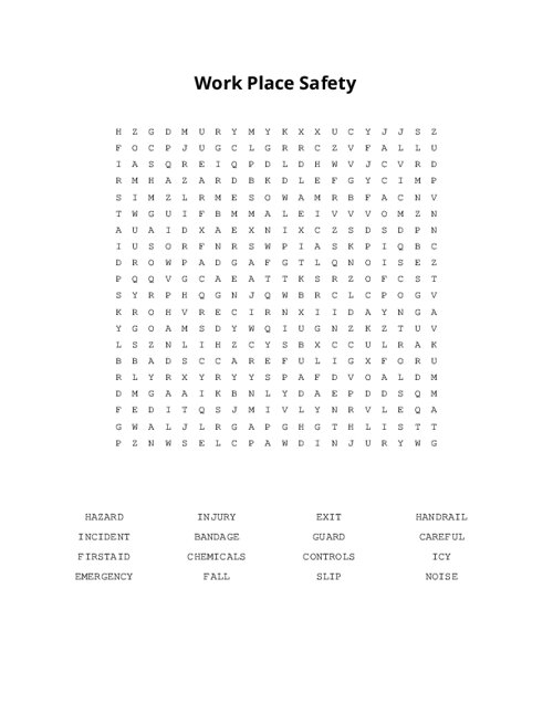 Work Place Safety Word Search Puzzle