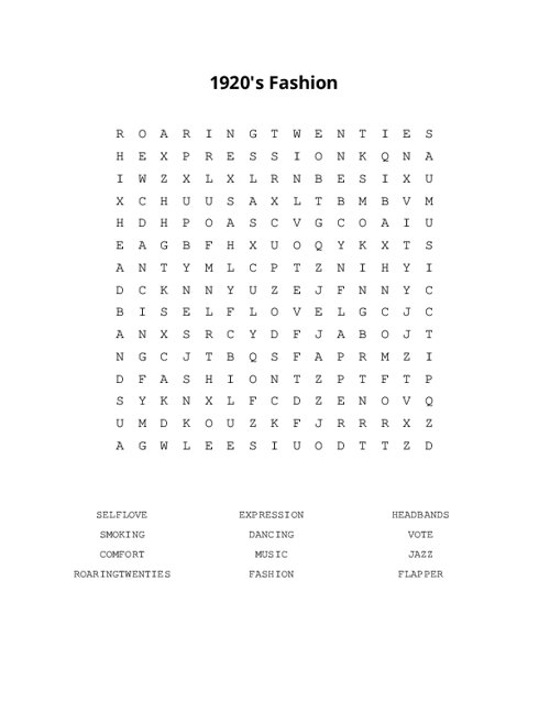 1920's Fashion Word Search Puzzle