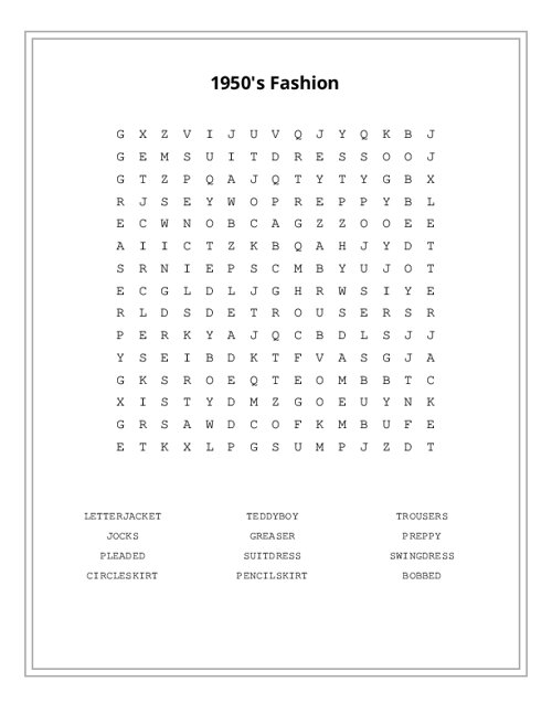 1950's Fashion Word Search Puzzle