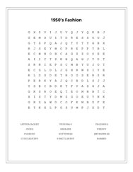 1950s Fashion Word Search Puzzle