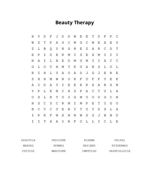 Beauty Therapy Word Search Puzzle