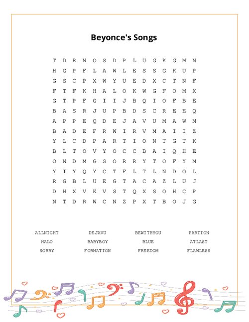 Beyonce's Songs Word Search Puzzle
