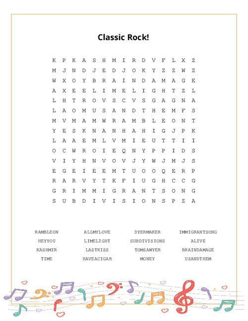Classic Rock! Word Search Puzzle