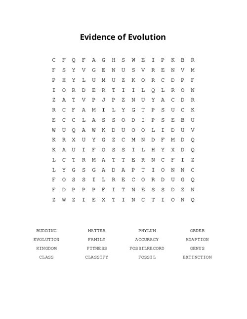 Evidence of Evolution Word Search Puzzle
