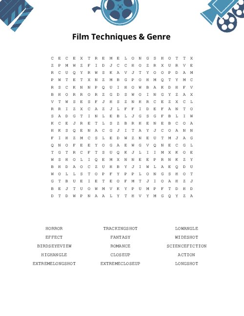 Film Techniques & Genre Word Search Puzzle