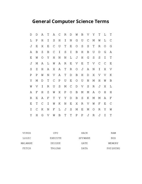 General Computer Science Terms Word Search Puzzle