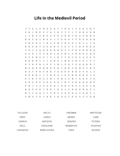 Life in the Medievil Period Word Search Puzzle