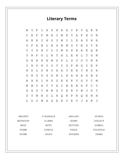 Literary Terms Word Search Puzzle