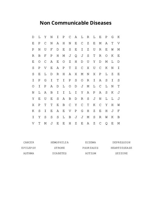 Non Communicable Diseases Word Search Puzzle