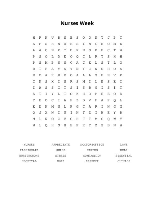Nurses Week Word Search Puzzle