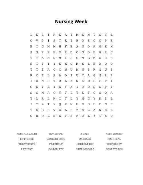 Nursing Week Word Search Puzzle