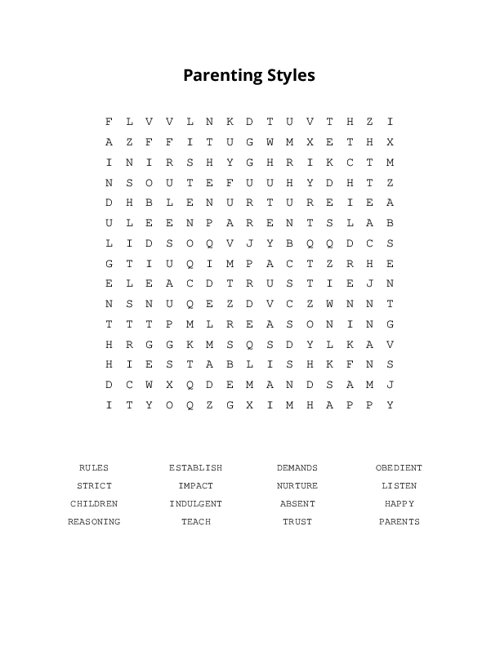 Parenting Styles Word Search Puzzle