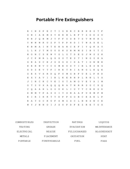 Portable Fire Extinguishers Word Search Puzzle