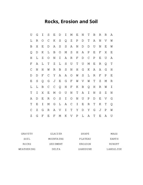 Rocks, Erosion and Soil Word Search Puzzle