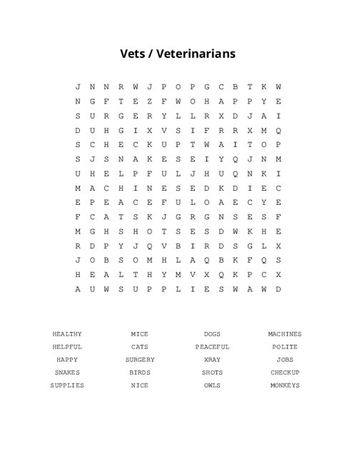 Vets / Veterinarians Word Search Puzzle