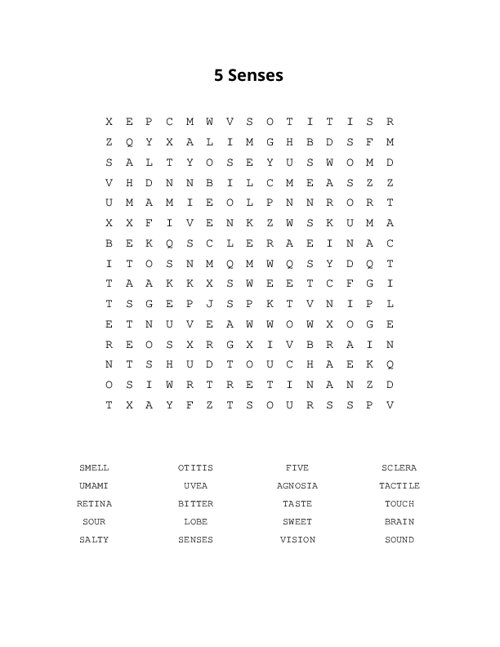 5 Senses Word Search Puzzle