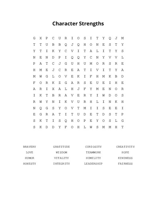 Character Strengths Word Search Puzzle