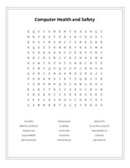 Computer Health and Safety Word Search Puzzle