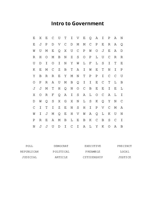 Intro to Government Word Search Puzzle