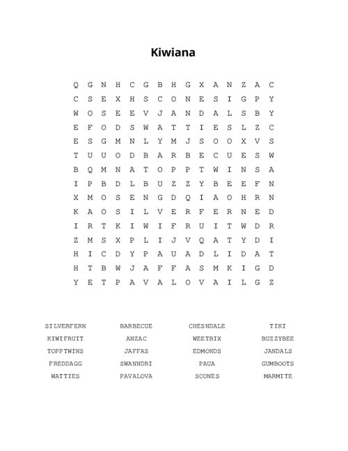 Kiwiana Word Search Puzzle