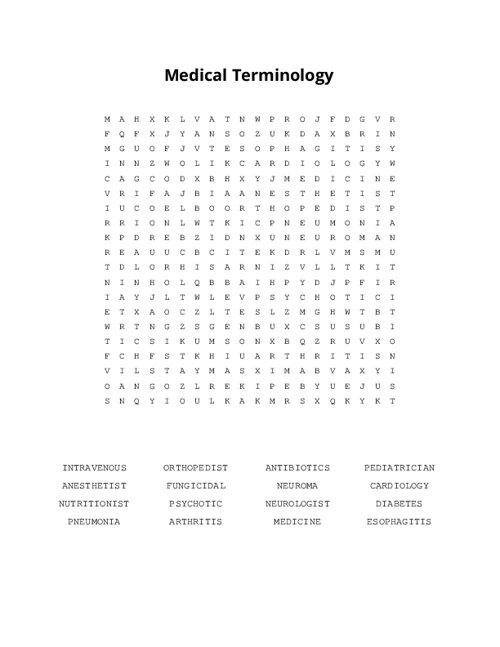 Medical Terminology Word Search