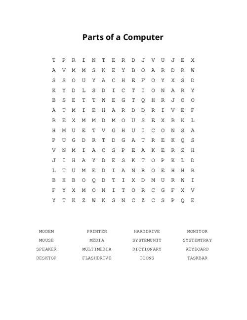 Parts of a Computer Word Search Puzzle