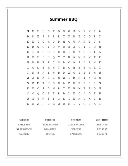 Summer BBQ Word Search Puzzle